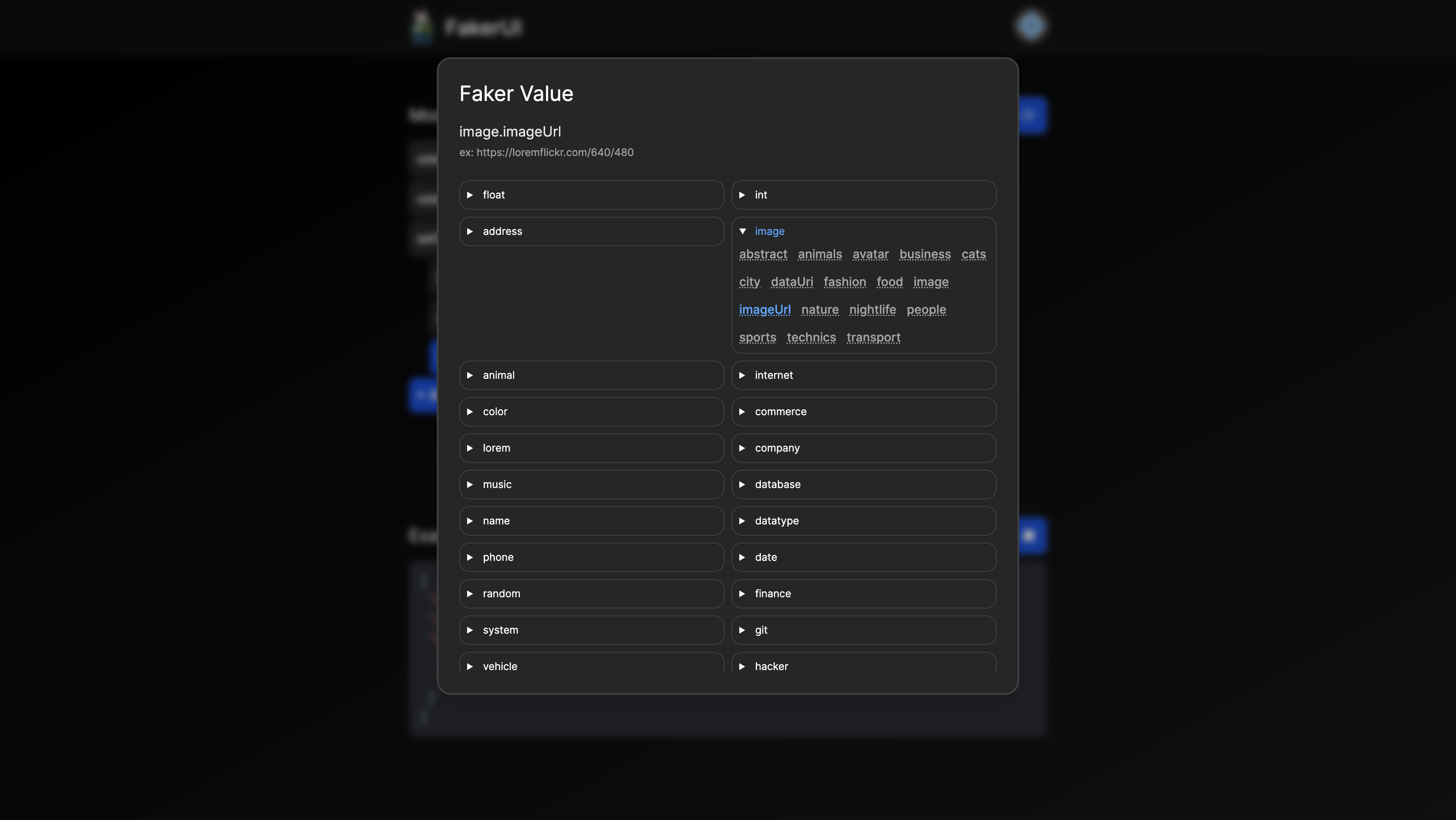 Screenshot of FakerUI faker value modal